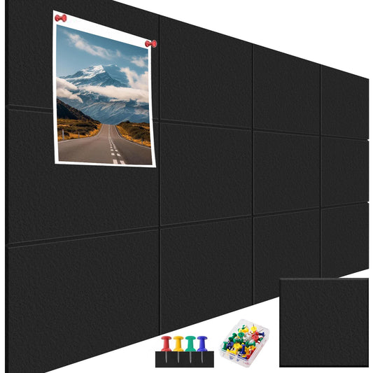 HWQBany Cork Board 48" X 36" - 12 Pack Felt Wall Tiles with Colored 30 Pcs Push pins, Black Felt Bulletin Board, Tack Boar, Cork Boards for Walls Office Home