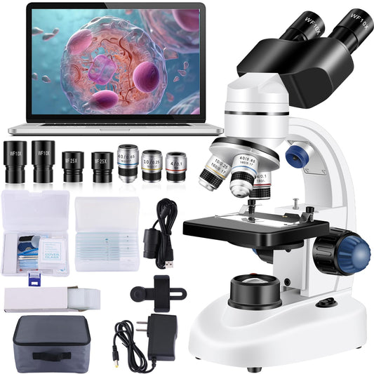 Woehrsh Microscope for Adults WF10x and WF25x eyepieces, 40X-2000X Magnification USB Camera, Microscope for Adults Suitable for Laboratory School Home Education（White Microscope）