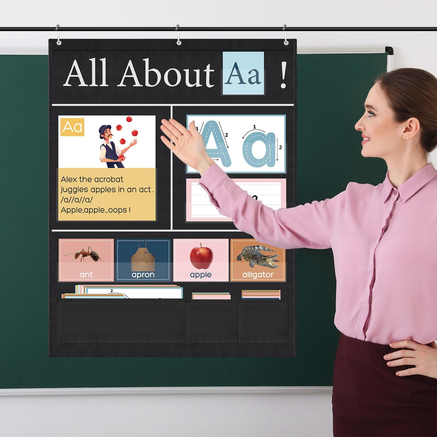 Blosssound 34 x 27 All About Letter Pocket Chart 103 ABC Flash Cards Letter of The Day Week Chart Alphabet Tracing Educational Wall Poster Teachers Homeschool Learning Activities(Black)