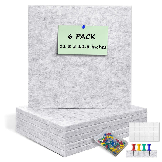 ANLIOTE 6 Pack Cork Board Felt Bulletin Board with 60 Push Pins, 1/2" Thick Pinboard Square Tiles for Wall Organizer - Home Office Classroom Decor, Photo Display, Memo Board (11.8"x11.8"- Light Grey)