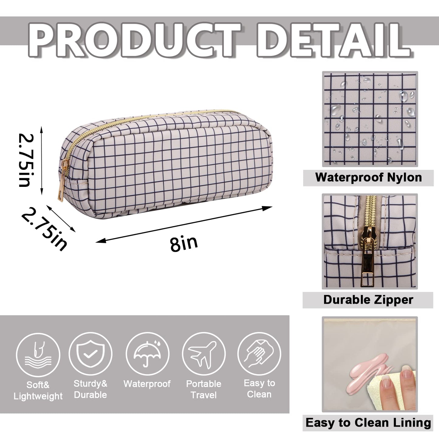 Small Pencil Case Makeup Bag for Purse, Cute Pencil Pouch Nylon Preppy Checkered Makeup Brush Bag with Zipper, Girls Portable Stationery Storage Case Small Pen Bag for Office School(Slim-Checkered)