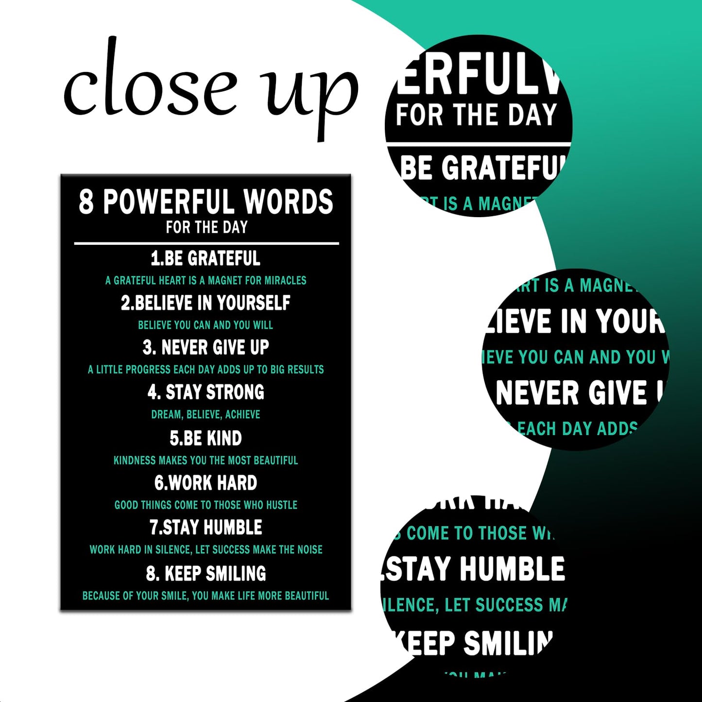 PSYYSP 8 Powerful Words Motivational Framed Canvas Wall Art, Black Teal Inspirational Typography Poster, Daily Affirmation Quote Print for Home Office, Bedroom, Dorm, Study Room Decor, 18x12 Inch
