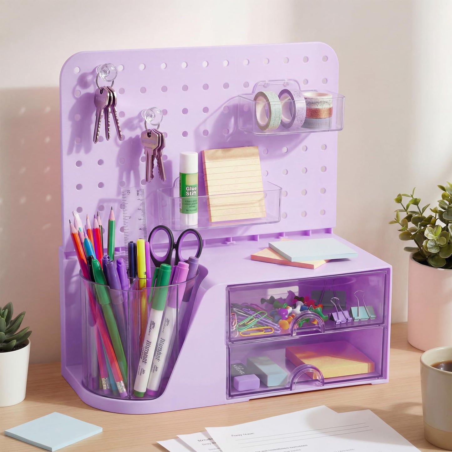 Novabright Desk Organizer with Drawers, Rotating Pen Holder with 5 Slots & Pegboard, Back to School & First Day of School Gifts, Multifunctional Desktop Storage for Desk Home Office Supplies(Purple)