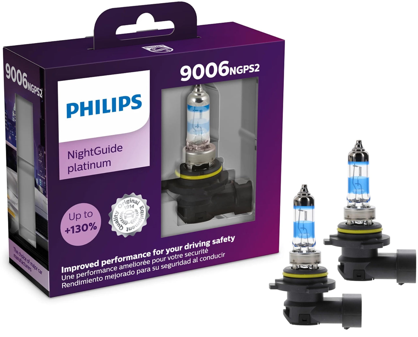 Philips Automotive Lighting 9006 NightGuide Platinum Headlight Bulb, Clear, Fits High Beam/Low Beam/Fog, Pack of 2