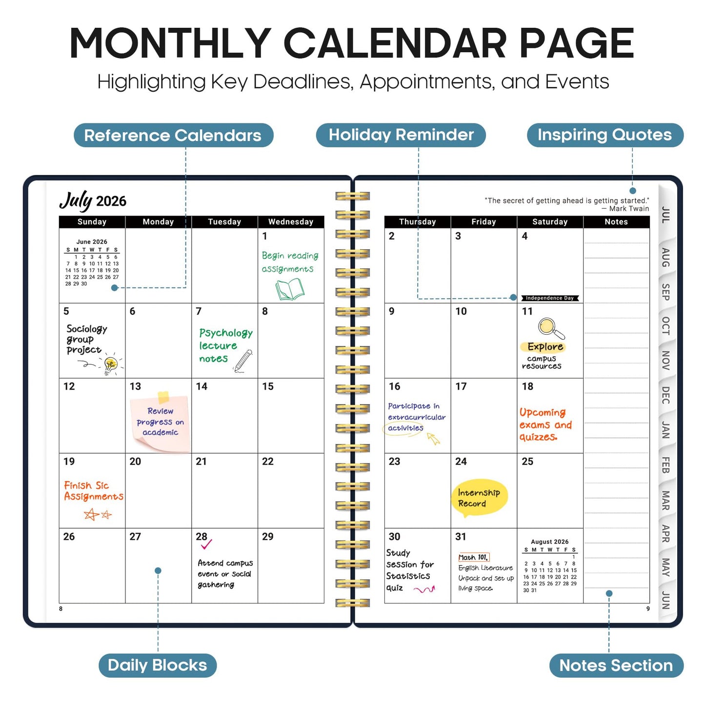 Planner 2026-2027, Academic Year Weekly and Monthly Calender Planner, from Jul 2026 - Jun 2027, Spiral Bound School Planning Book, Perfect for Teacher, Student, Women & Men, A4 (8.5" x 11"), Golden Butterfly