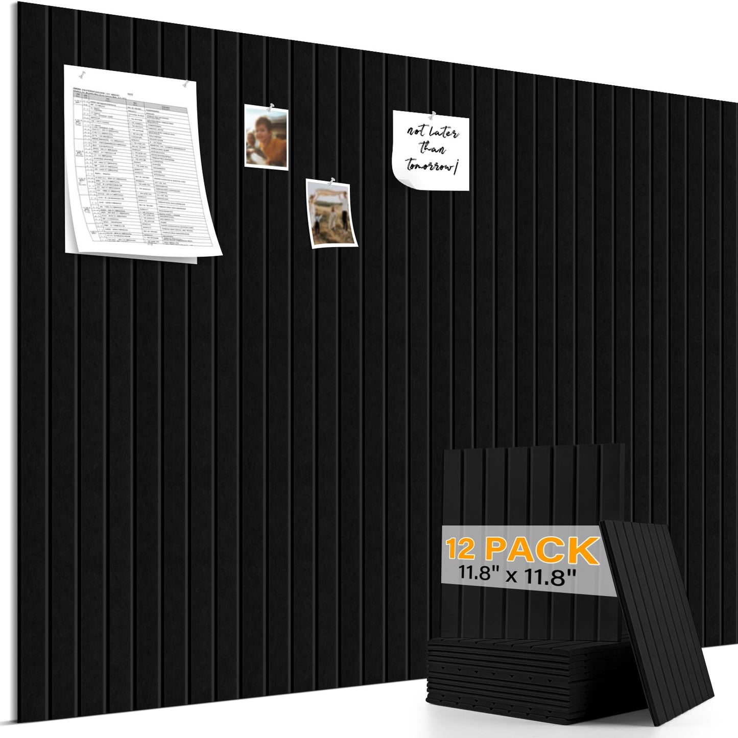 Large Felt Bulletin Board，47.2" x 35.4" 12 Pack Cork Board Alternative for Walls,Felt Wall Tiles for Office & Home Decor,Pin Board with 30 Pcs Pushpins and 72 Adhesive Tabs-Black