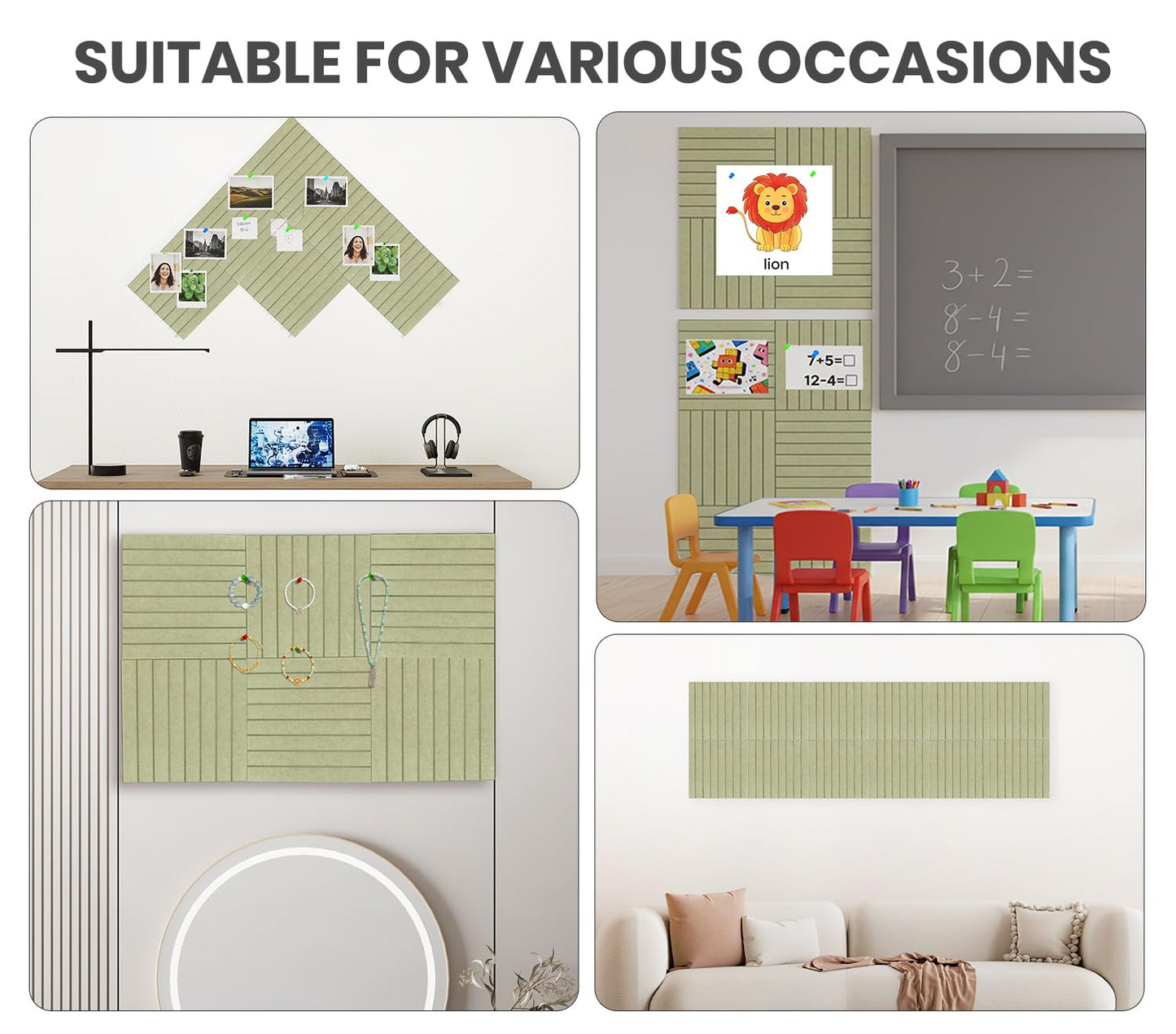 Large Cork Board Alternative 48” X 36” Felt Bulletin Board Tiles, with 30 Pushpins, 60 Adhesive Tabs,12-Pack Slat Wall Paneling, Cork Boards for Office Push Pin Board Felt Board - Sage