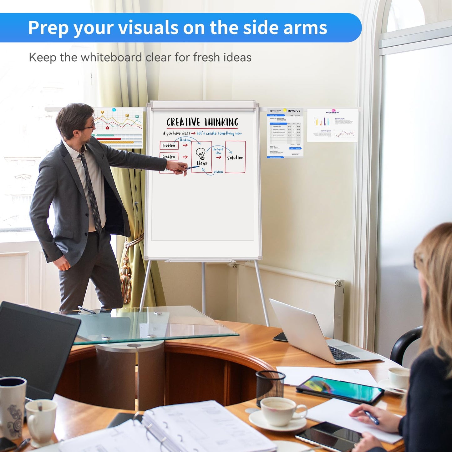 Easel Whiteboard 40x28 Inch, Portable Magnetic Dry Erase Height Adjustable Tripod Stand with 2 Extendable Side Arms for Flipchart, Home Office School Use, White