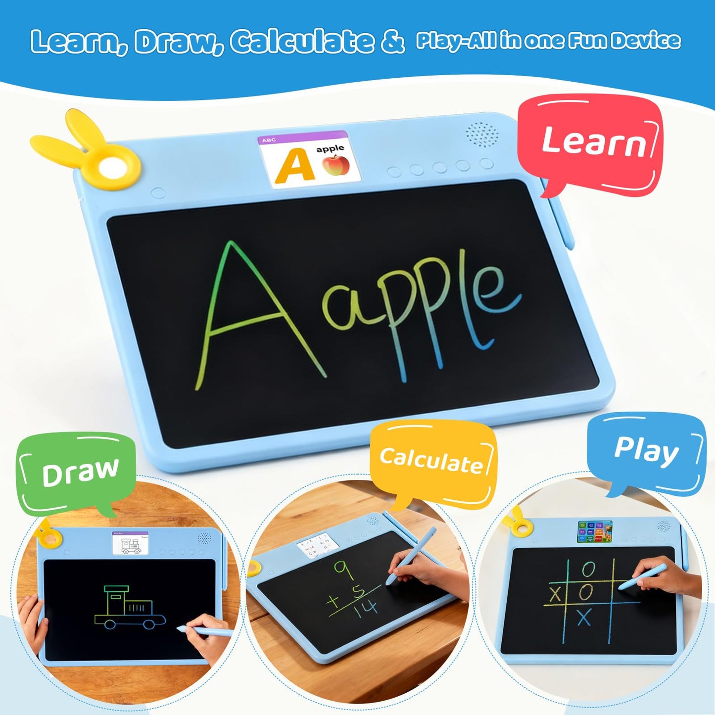 Kids LCD Writing Tablet 13.5'', Educational Drawing Board with Colour Screen, 100 Tracing Templates, 200+ Sight Words & Maths Games, Rechargeable Learning Toy for Boys & Girls Ages 3 to 7