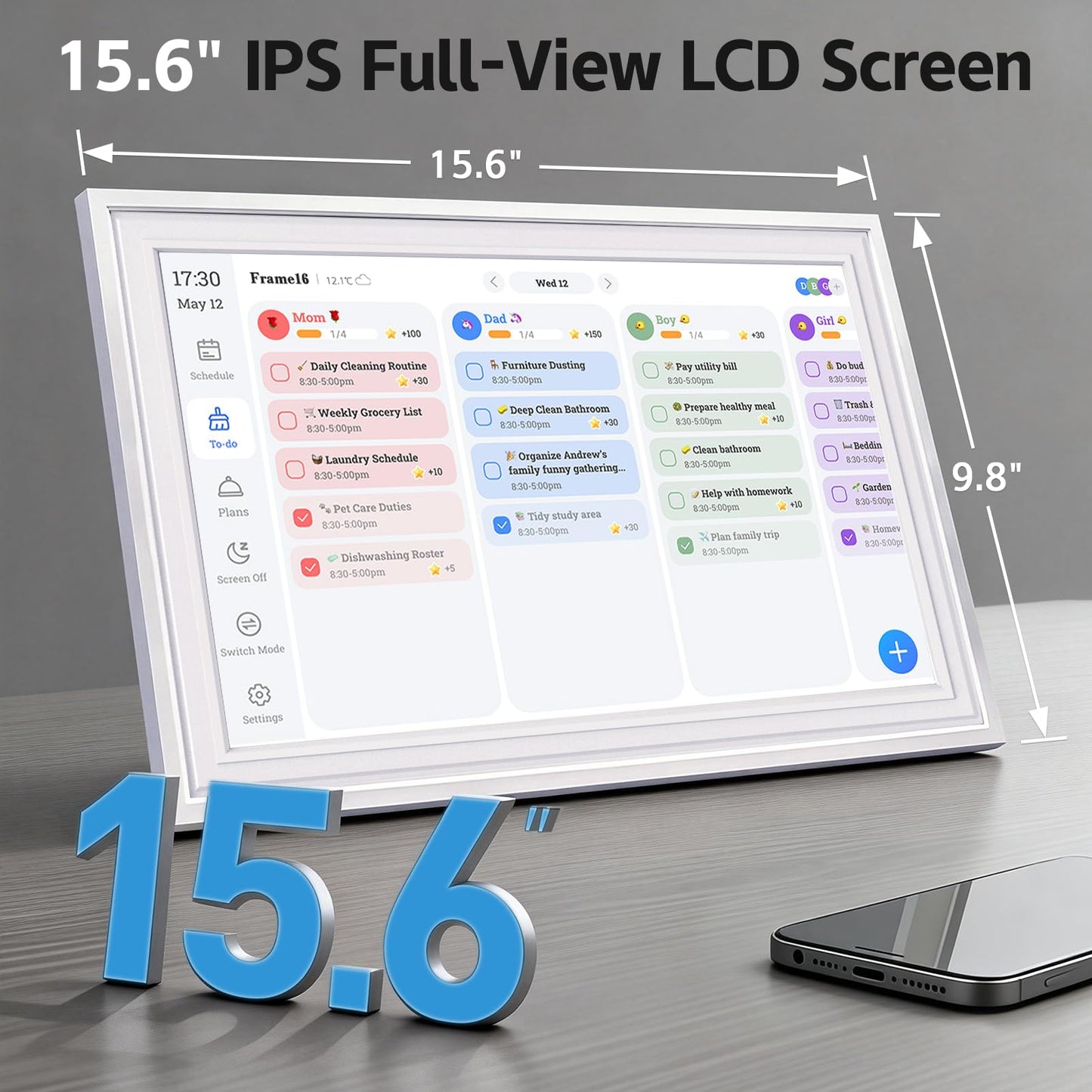 15.6 Inch IPS Touch Screen Smart Digital Calendar, HD Family Wall Desk Planner with Chore Chart, Meal Planner & Reward System, Free 64GB Card, Ideal Gift for Family, Parents, Kids