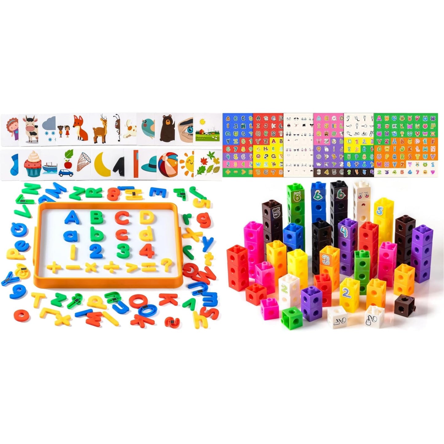 Odoorgames Magnetic Letter and Number Trays (13" X 10") - 100 Pcs Math Linking Cubes with 384 Cartoon Stickers