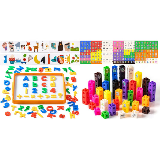 Odoorgames Magnetic Letter and Number Trays (13" X 10") - 100 Pcs Math Linking Cubes with 384 Cartoon Stickers
