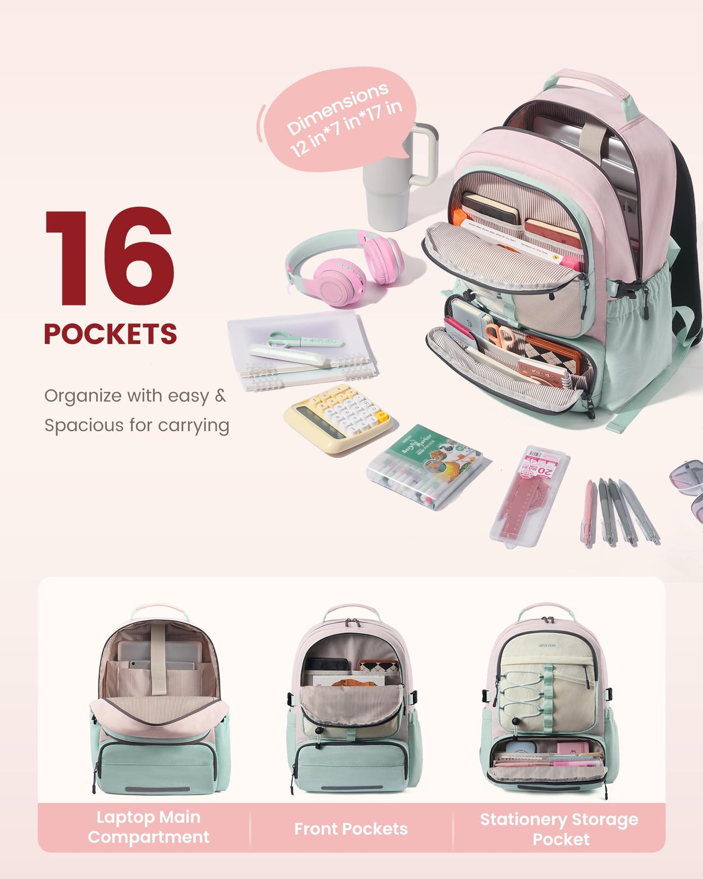 LOVEVOOK School Backpack for Teen Girls, Unique Style College Student Backpacks with Large Cup Holder, Cute Kid Bookbag with Pens Compartment, Large Capacity Back to School Backpack Fit 15.6'' Laptop
