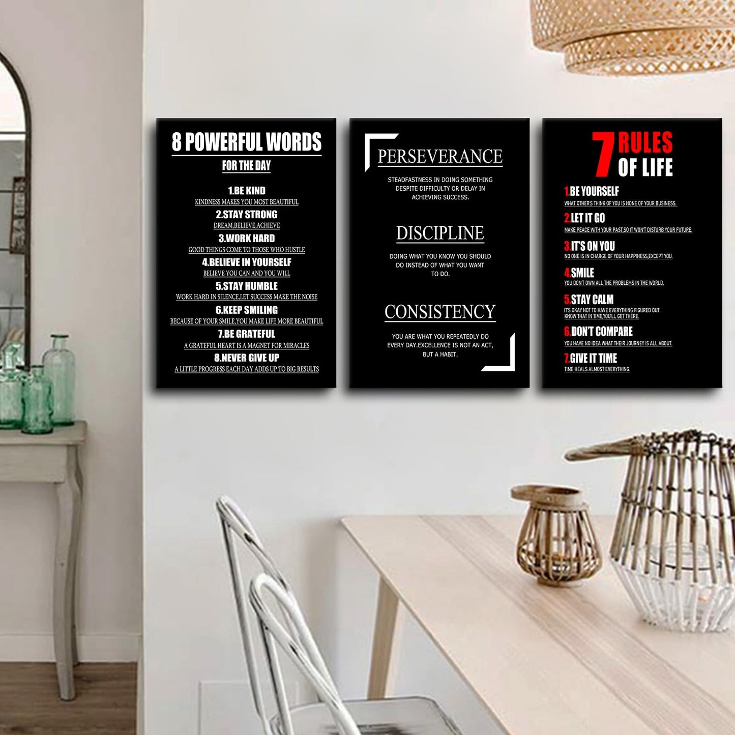 YSPCSUN Triptych Wall Decor Inspirational Posters for Office, Black White Perseverance Discipline Consistency 3 Panel Canvas Prints for Home Office Dorm, 48x24 Inch Display