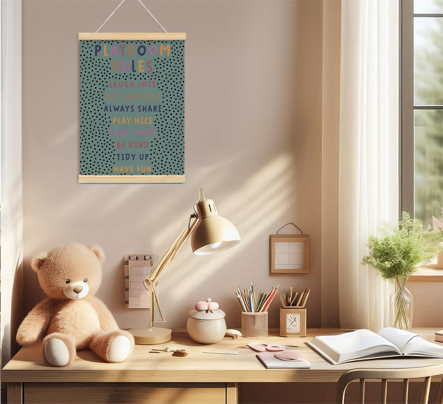 Playroom Kids Tollder Room Wall Decor, Play Room Rules Wall Decor for Kids Play Game Room Bedroom Nursery Home School Playroom Essentials, Canvas Hanging Banner Wood Poster Frameds(blue)