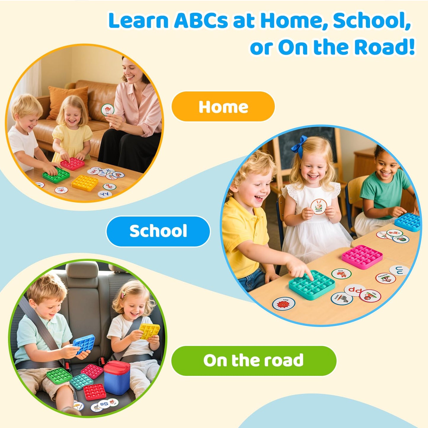 JoyCat Alphabet Bingo Game for Kids Ages 3-5, Sensory ABC Learning Toy with 6 Reusable Silicone Bingo Boards, 26 Double-Sided Letter & Picture Cards, Preschool Kindergarten Classroom Game