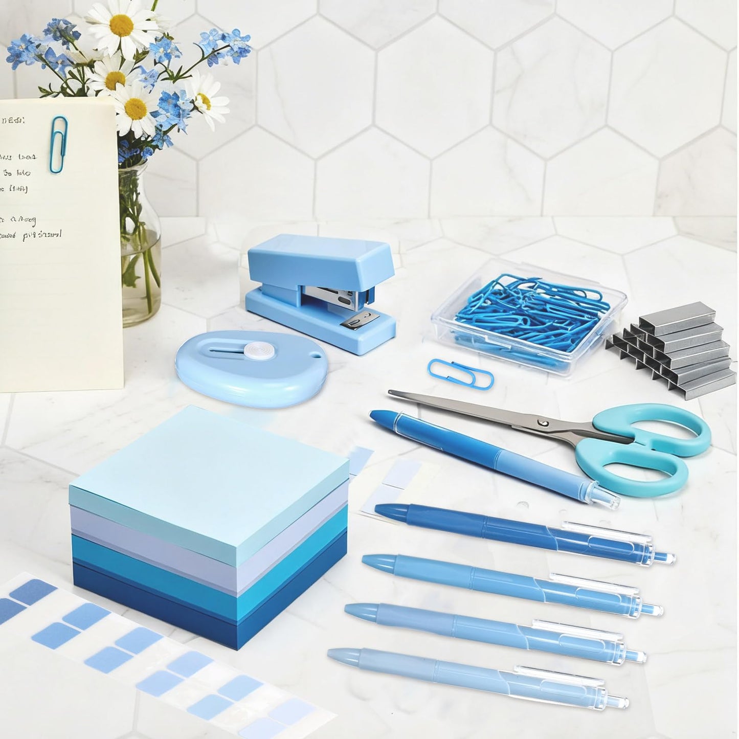 Humyoun Mini Blue Office Supplies Kit Blue School Supplies Christmas Gift Desk Accessories with Gel Pens Sticky Notes Stapler Scissor Paper Clips Index Tabs Box Cutter for Christmas Gifts Office
