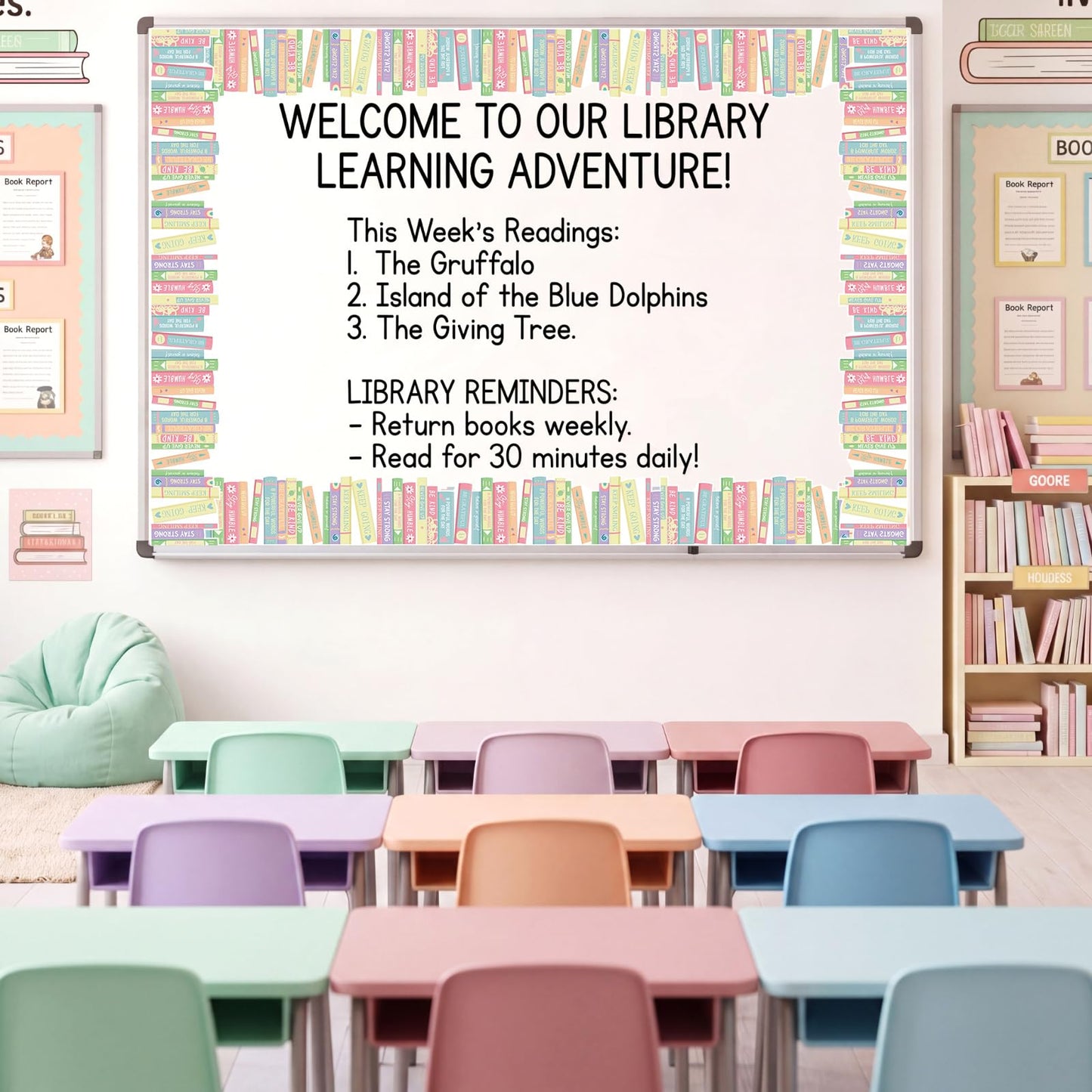 Tenceur 120 ft Bookshelf Border Trim Book Rolled Border Trim Decor Back to School Straight Bulletin Board Set for Library Classroom Poster Board Whiteboard Wall Decoration(Pastel,Fresh)