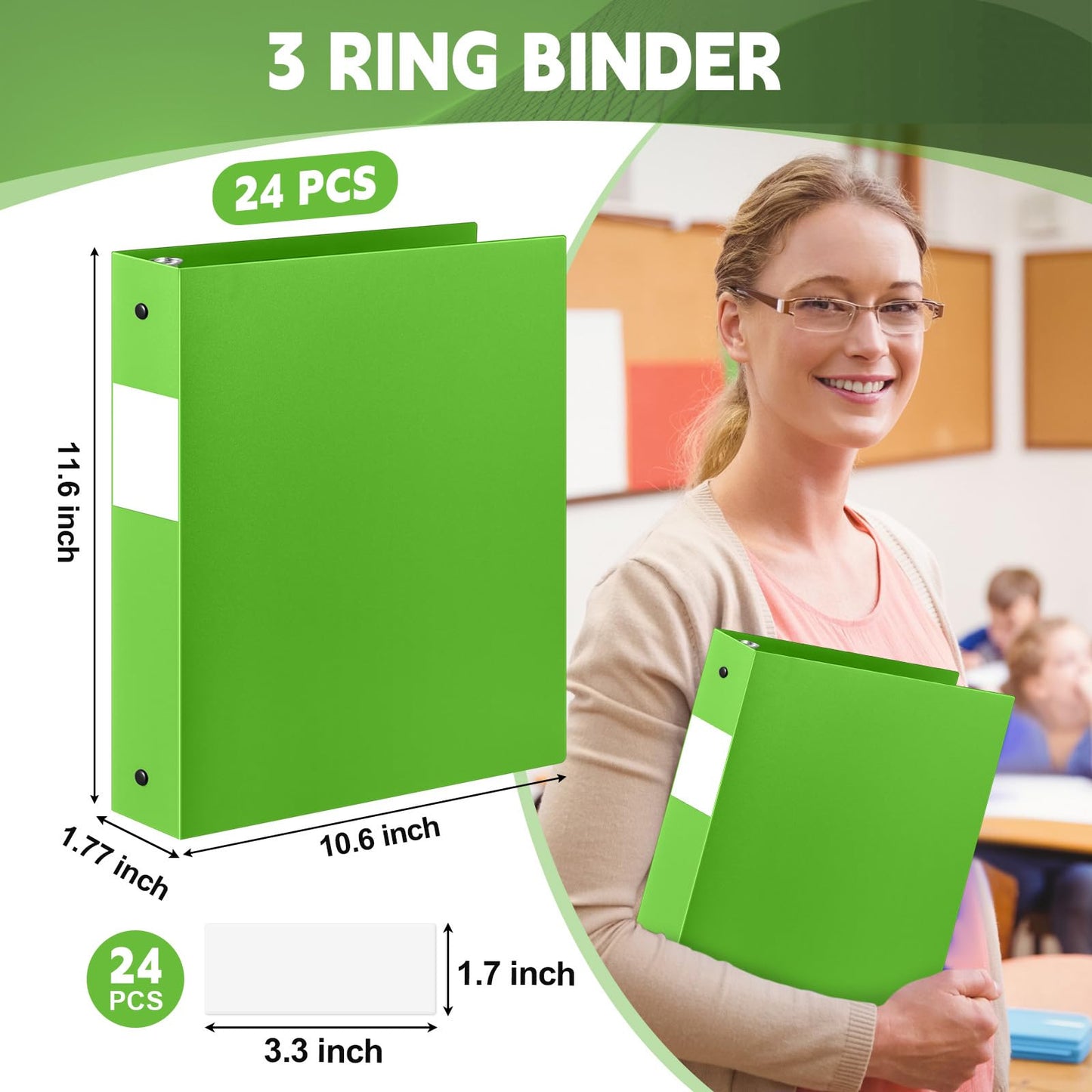 Henoyso 24 Pcs Tender Green 1.5" 3 Ring Plastic Binder Bulk, 1 1/2 Inch Soft Flexible Binders Round Rings, Fits Letter Size 8.5'' x 11'' Paper, Holds 350 Sheets, for School Office (1.5 Inch)