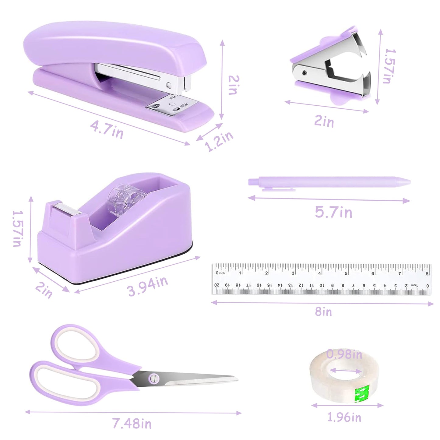 Dimonluce Purple Desk Accessories, Purple Office Supplies Accessories with Tape Dispenser, Stapler, Staple Remover, 1000 Staples, Tape, Clips Set, Ruler, Scissor, Pen