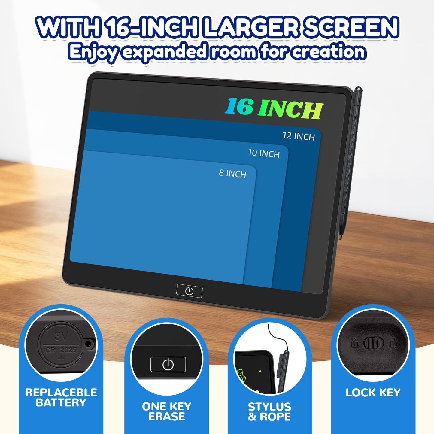 LCD Writing Tablet,16 Inch Colorful Screen Doodle Board Toddler Educational Toys for 3 4 5 6 Years Old Boys Girls Reusable Portable Drawing Tablet Christmas Toys Gifts for Kids (Black)