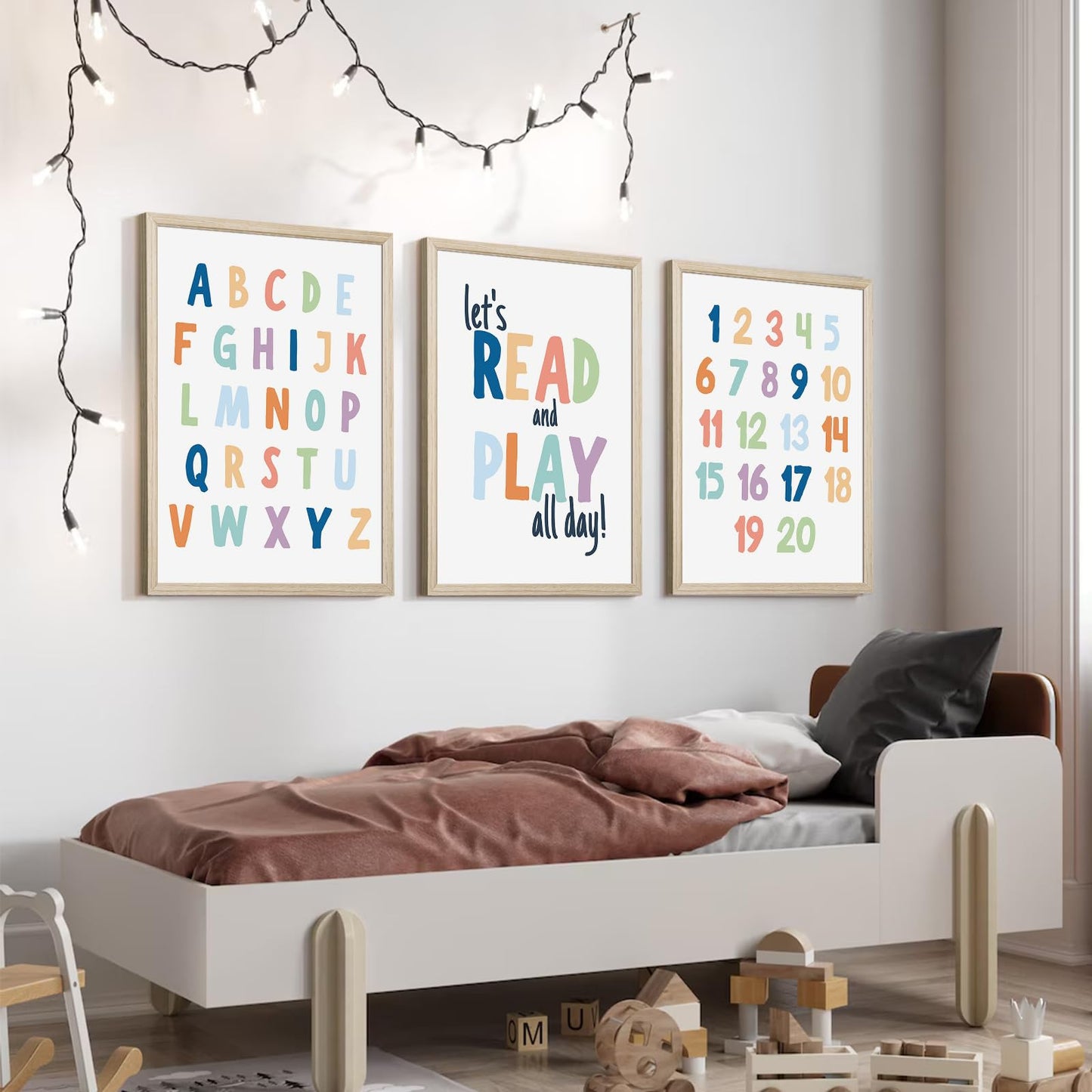 Kids Playroom Wall Art Decor Alphabet Poster Play Room Canvas Wall Decor ABC Nursery Wall Art 123 Toddler Poster Let's Read for Boy Girl Room 12x16 Inch Wood Framed Set of 3