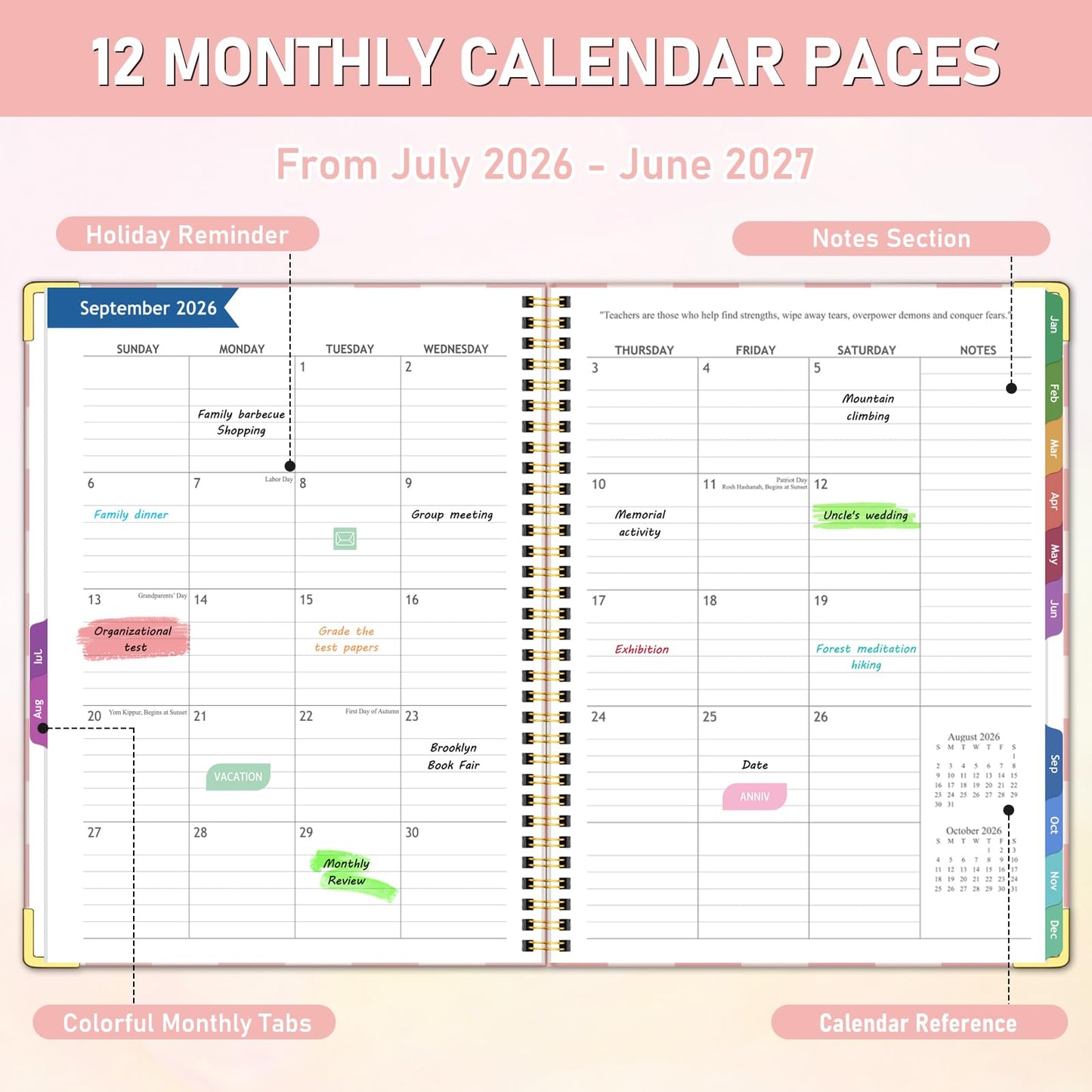 Teacher Planner 2026-2027, Jul 2026-Jun 2027 Academic Year, 8.5" x 11" Lesson Planner Book for Teacher Calendar, Spiral Bound Planners, Planning Stickers, Colorful Monthly Tabs, PinkCheckered