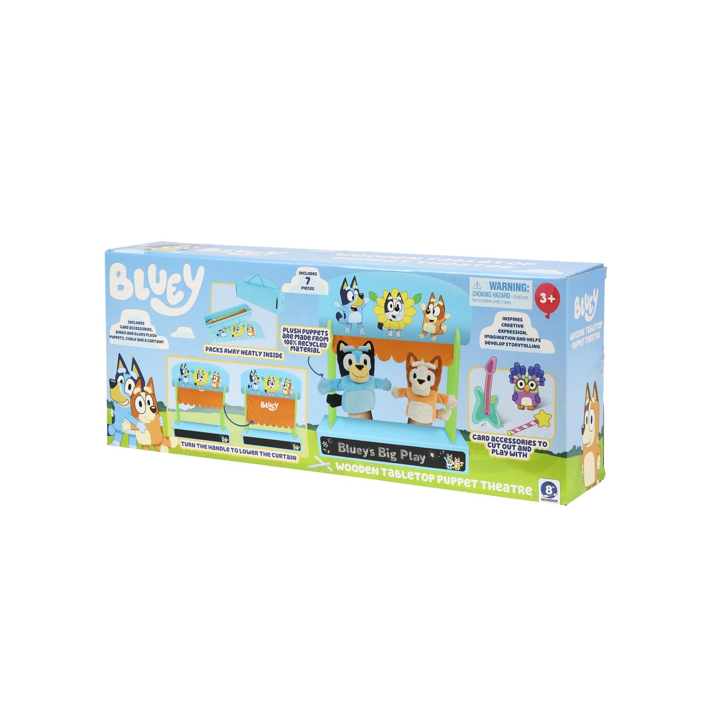 Bluey Wooden Puppet Theater for Kids Playset, 20" Kids Pretend Stage Puppets, Interchangeable Fabric Backdrops & Roll-Down Curtain