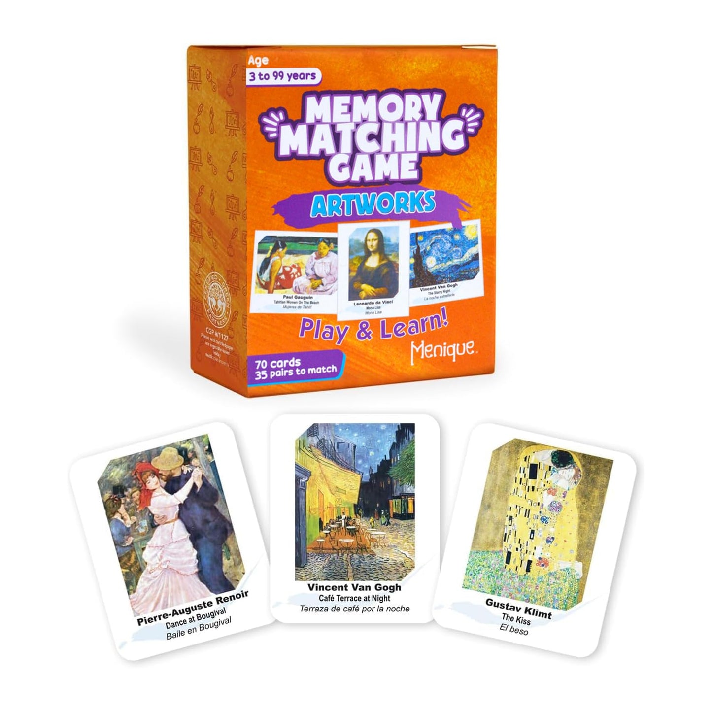 Menique Memory Matching Game – Famous Paintings for Adults & Kids – 70 Cards (35 Pairs) – Bilingual Art Game – Educational & Concentration Activity