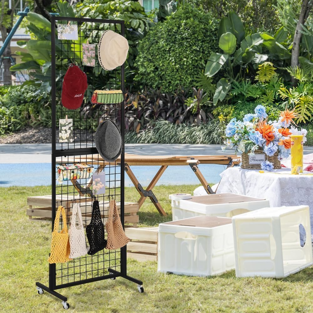 OUDUCK 2 Packs 1.8' x 5.7' Grid Wall Panels Standing Wire Grid, Display Rack with T-Base Wheels Freestanding Gridwall Panel Tower for Shows, Black