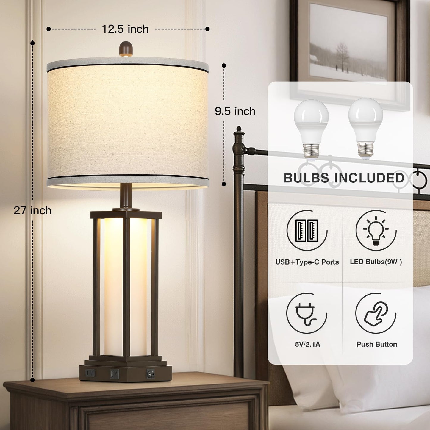 Cinkeda Vintage Table Lamps Set of 2, 27in Tall, Oil-Rubbed Bronze, USB & Outlet, Frosted Glass Night Light for Living Room and Bedroom