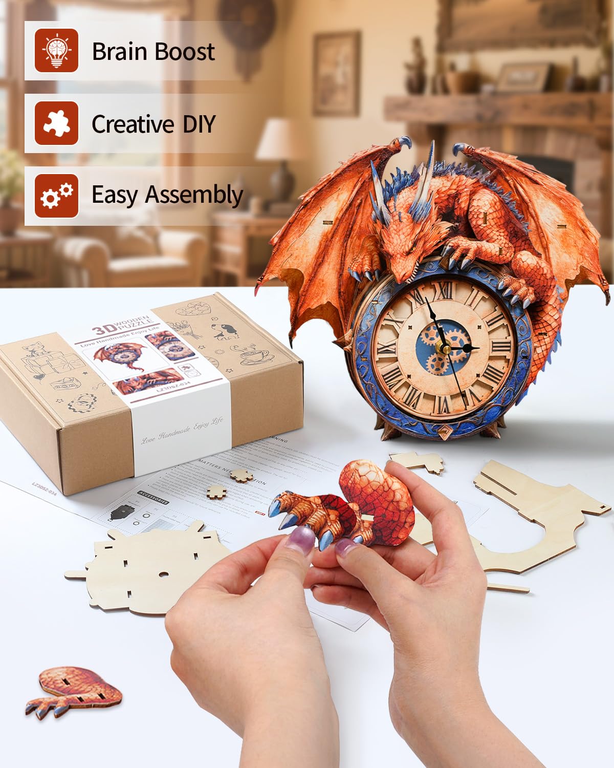 Rnfinewow 3D Puzzles for Adults, 3D Puzzle Fiery Dragon Clock Kit (with Pendulum), Wooden Puzzles for Adults Home Decor DIY Clock Crafts for Adult Puzzle Gifts for Men Women