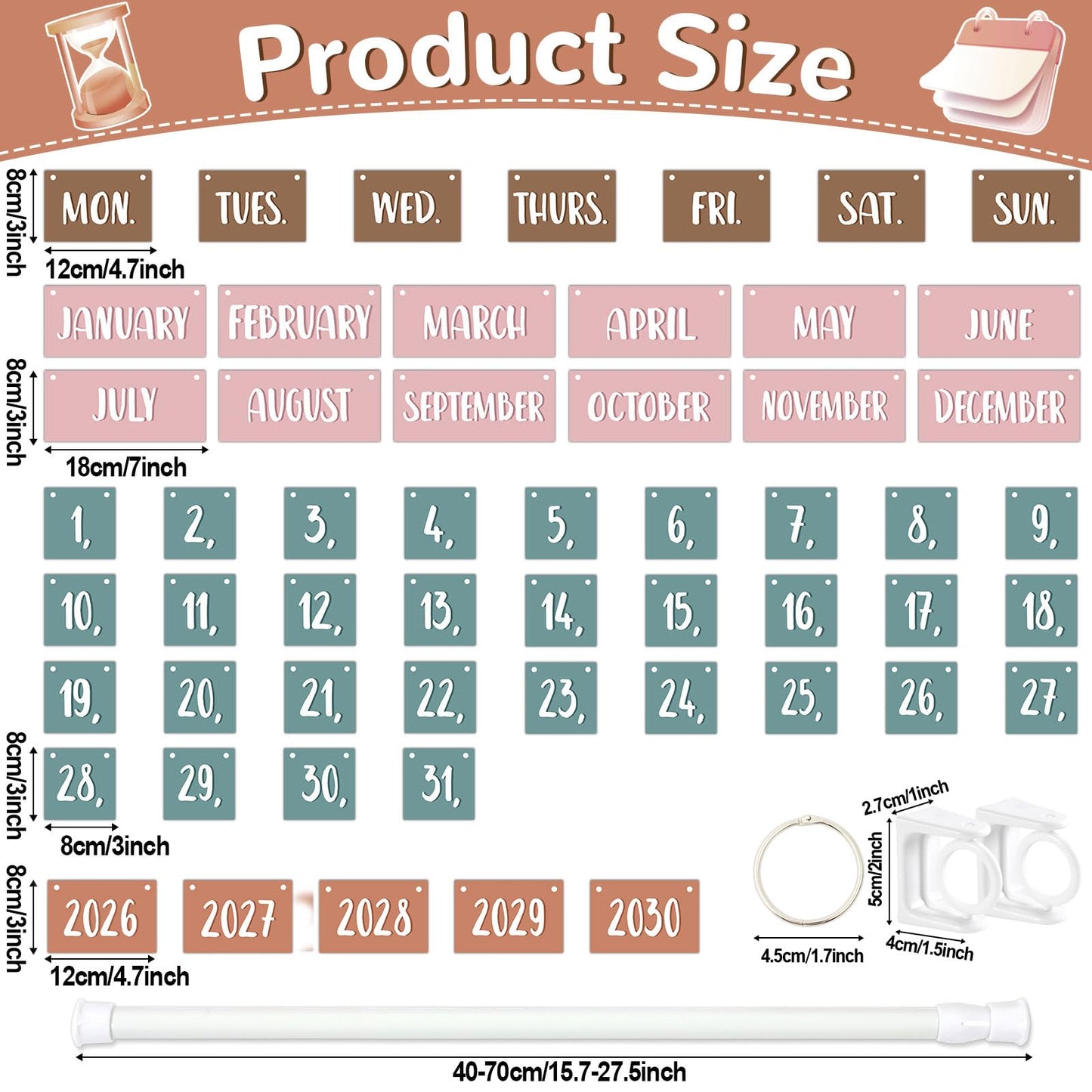 Boho Flip Calendar for Classroom Bulletin Board Set Boho Rainbow Calendar Class Whiteboard Decor with 2026 to 2030 Years Date Cards and Adjustable Rod for Home Elementary School Teacher Supplies