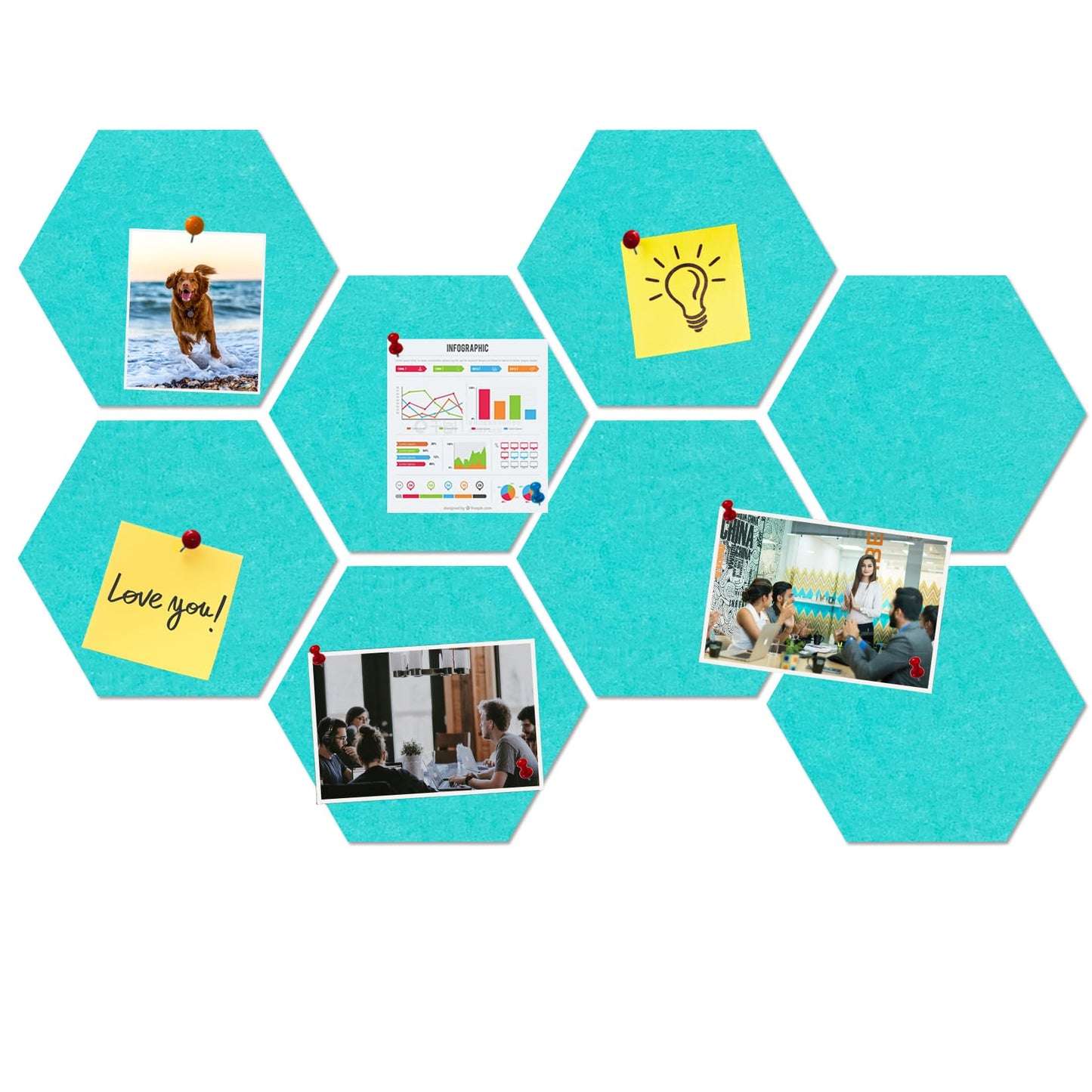 HULAVO Large Hexagon Felt Cork Board Tiles, Self Adhesive DIY Felt Bulletin Board Pin Board with 35 Pushpins for Office School Home Wall Decor Stickers Memos Photos Display(Teal)