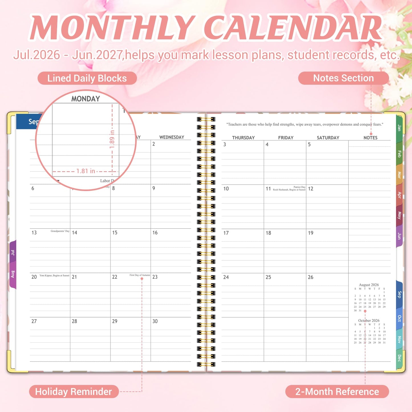 Teacher Planner 2026-2027 Academic Year, Jul.2026 - Jun.2027, 8.5" x 11" Lesson Planner Book for Teachers, Teacher Planners with Colorful Monthly Tabs for Homeschool & Classroom Organization - Pink