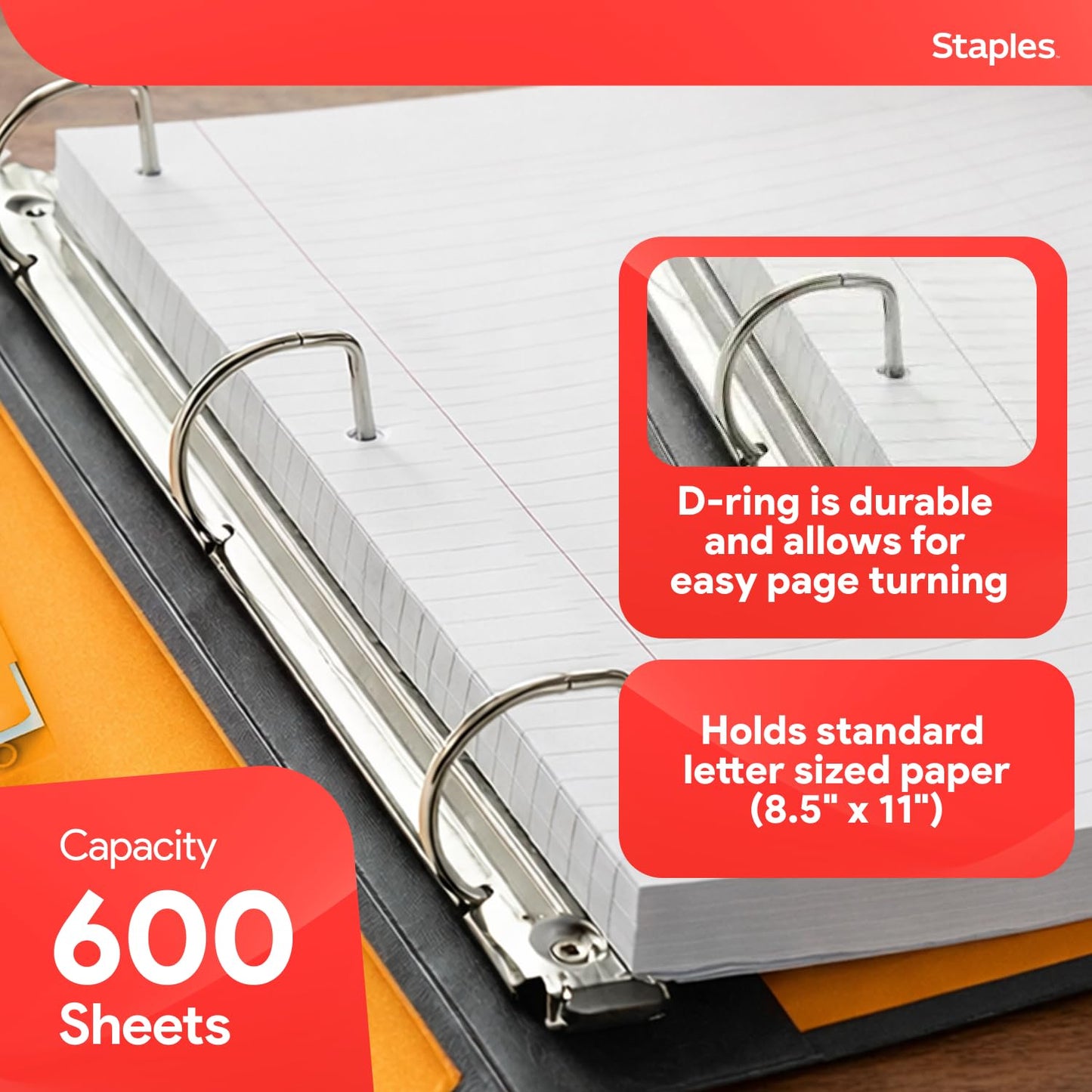 Staples 3" D‑Ring Heavy‑Duty View Binder, Orange, Durable 3‑Ring Binder with Reinforced Construction, Holds Up to 600 Sheets for School & Office