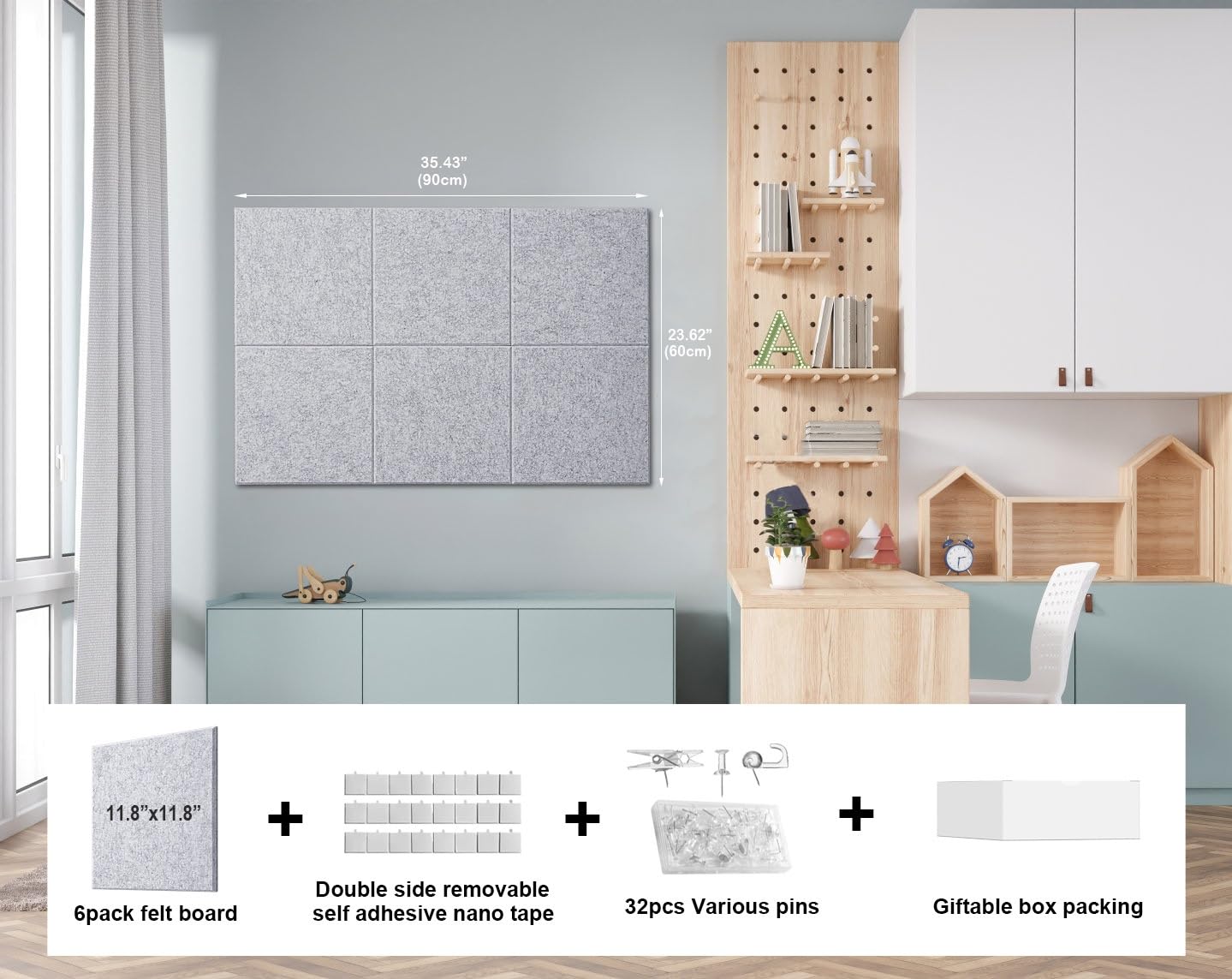 G Gamit Felt Wall Tiles Bulletin Board Large Cork Board Alternative 6 Pack 11.81”x11.81”x0.47” Felt Pin Board Tack Board with Safe Removable Adhesive Tabs for Home Office School 36x24 (Silver Grey)