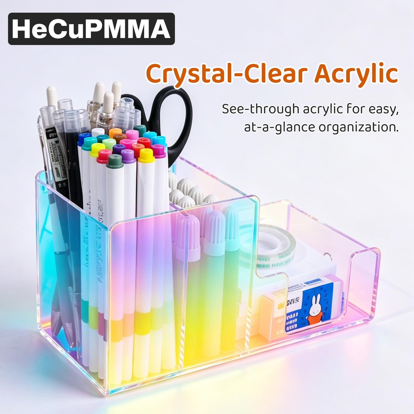 Iridescent Acrylic Desk Organizer with 3 Compartments - Clear Pencil Holder for Office, School & Home - Large Capacity Stationery Storage for Pens, Scissors, Sticky Notes, Paper Clips - Non-Slip Base