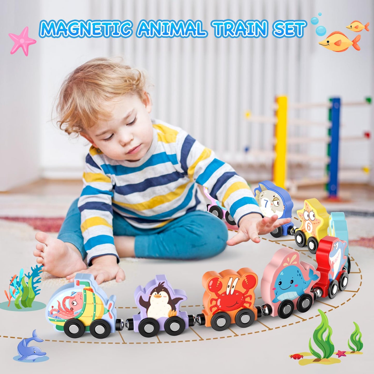 Zeoddler Toys for Toddlers, 11 Magnetic Wooden Sea Animals Train Set, Montessori Toys for Toddlers, Educational Activities for Kids, Birthday Gifts for Boys, Girls