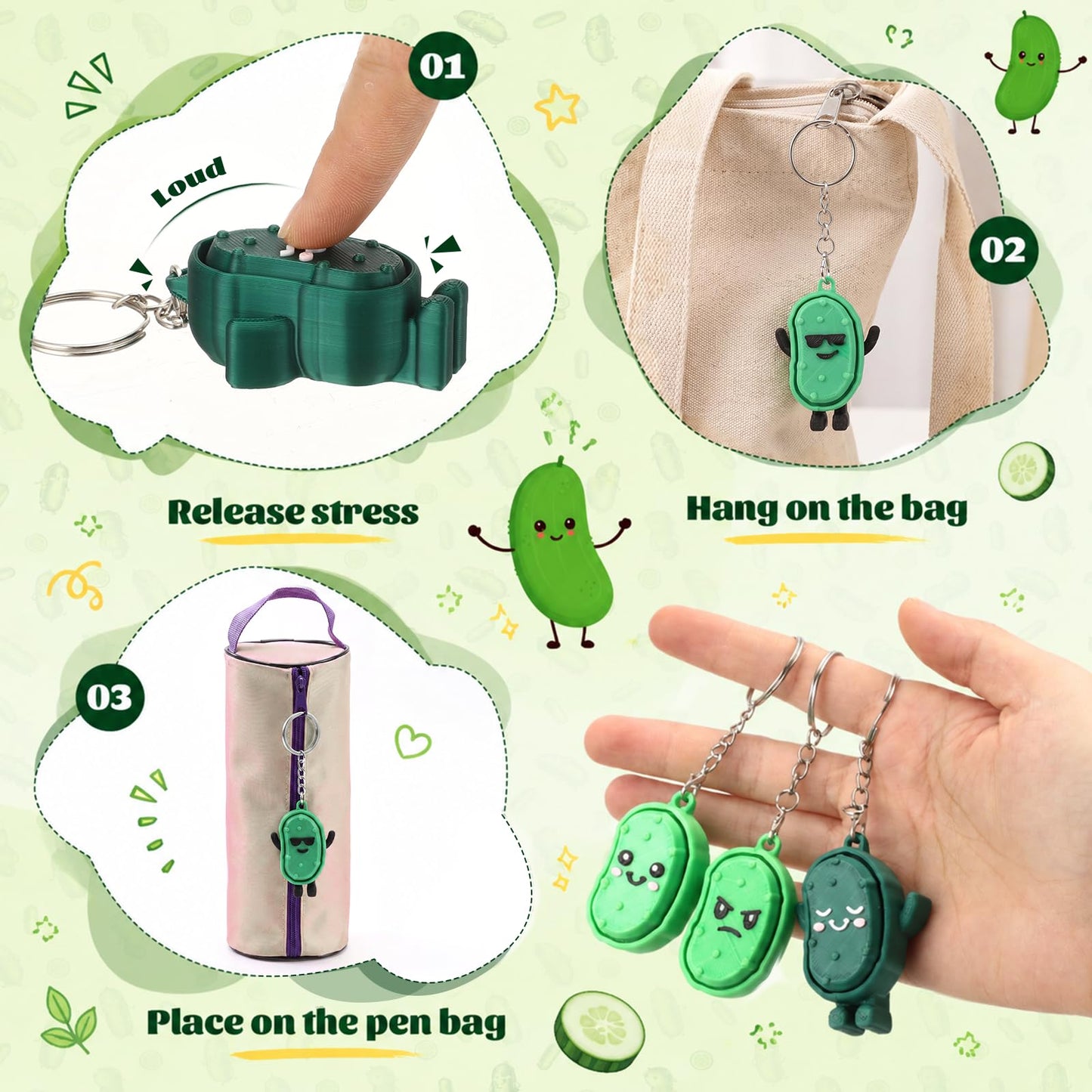 Gerrii 24 Sets Green Cucumber 3D Fidget Keychains with Inspirational Cards Bulk 3D Press Stress Relief Sensory Keychain Gifts Employee Appreciation Positive Gifts for Coworkers Teacher