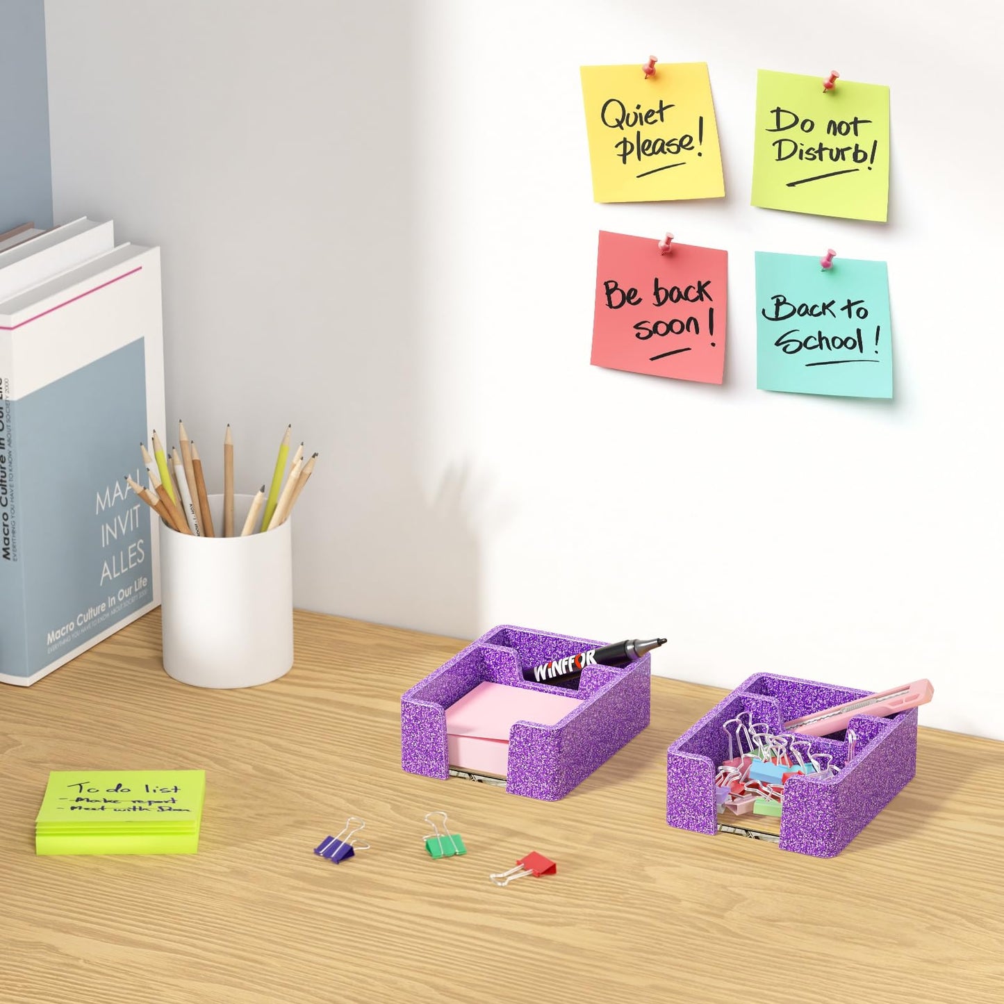 WINFFOR Acrylic Notepad Holder Dispenser - 3x3 in 2IN1 Sticky Note Memo Holder for Desk Organizer (W/O Pads) Office Desk Accessories School Supplies, Glitter Purple