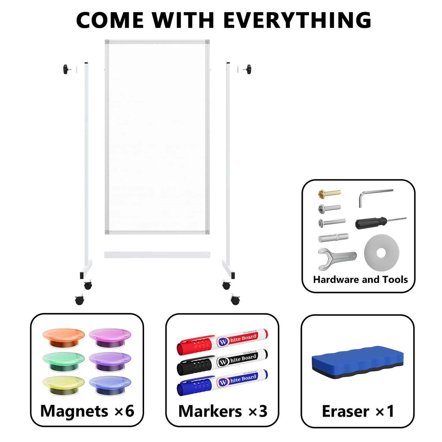 Large Rolling Whiteboard on Wheels, 48" x 24" Height Adjustable Mobile White Board with Stand, 4' x 2' Portable Standing Magnetic Dry Erase Board Easel for Home Office Classroom School, Silver