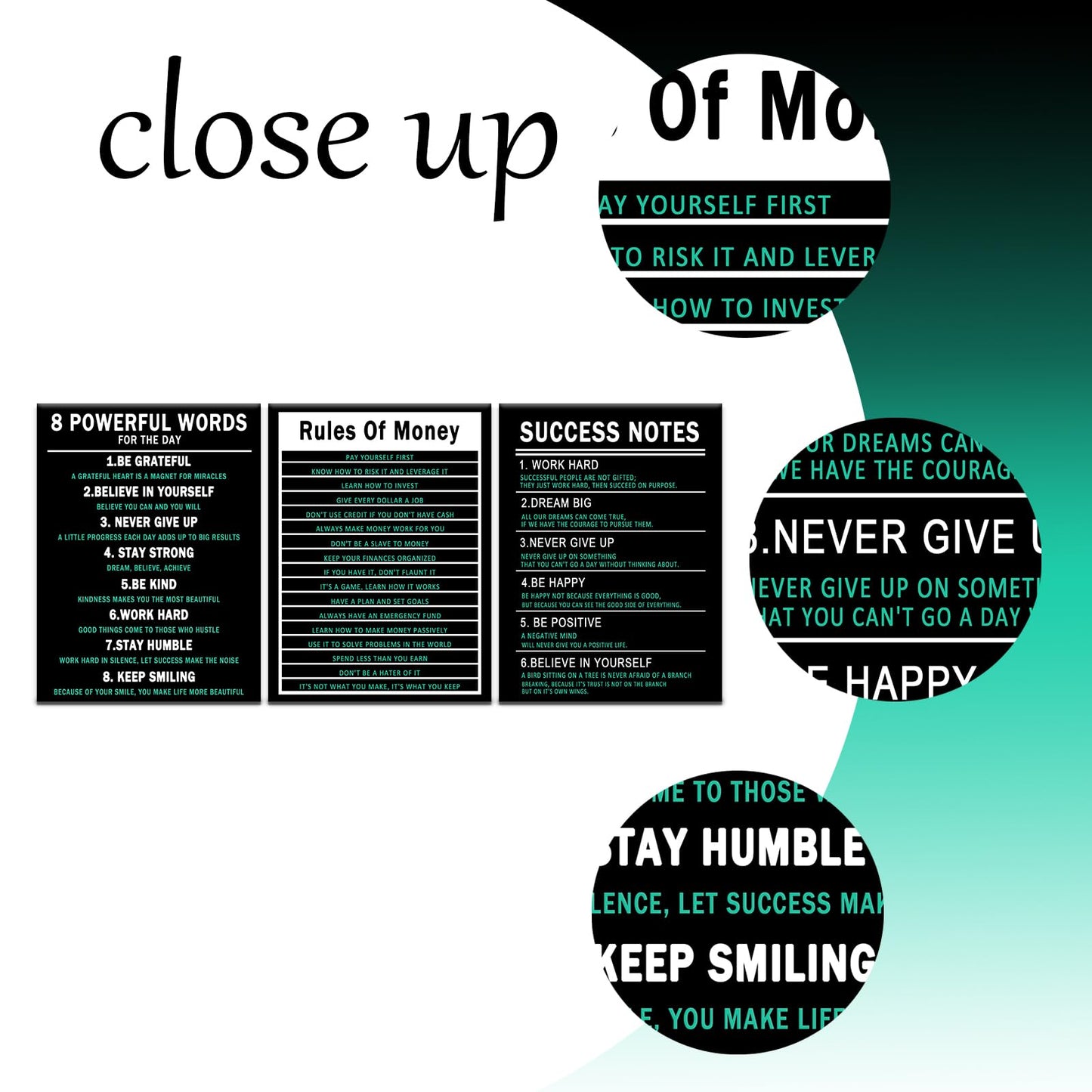 PSYYSP 3 Piece Canvas Wall Art Life Upgrade Money Rules Success Notes Posters, Black Teal Motivational Triptych Wall Decor for Office, Bedroom, Dorm, Framed Canvas 36x16inch