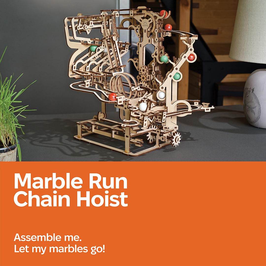 UGEARS Marble Run Chain Hoist 3D Wooden Puzzles for Adults - Wooden Model Kits for Adult Models for Adults to Build Mechanical Engineering Kit Brain Teaser, Hobby Set