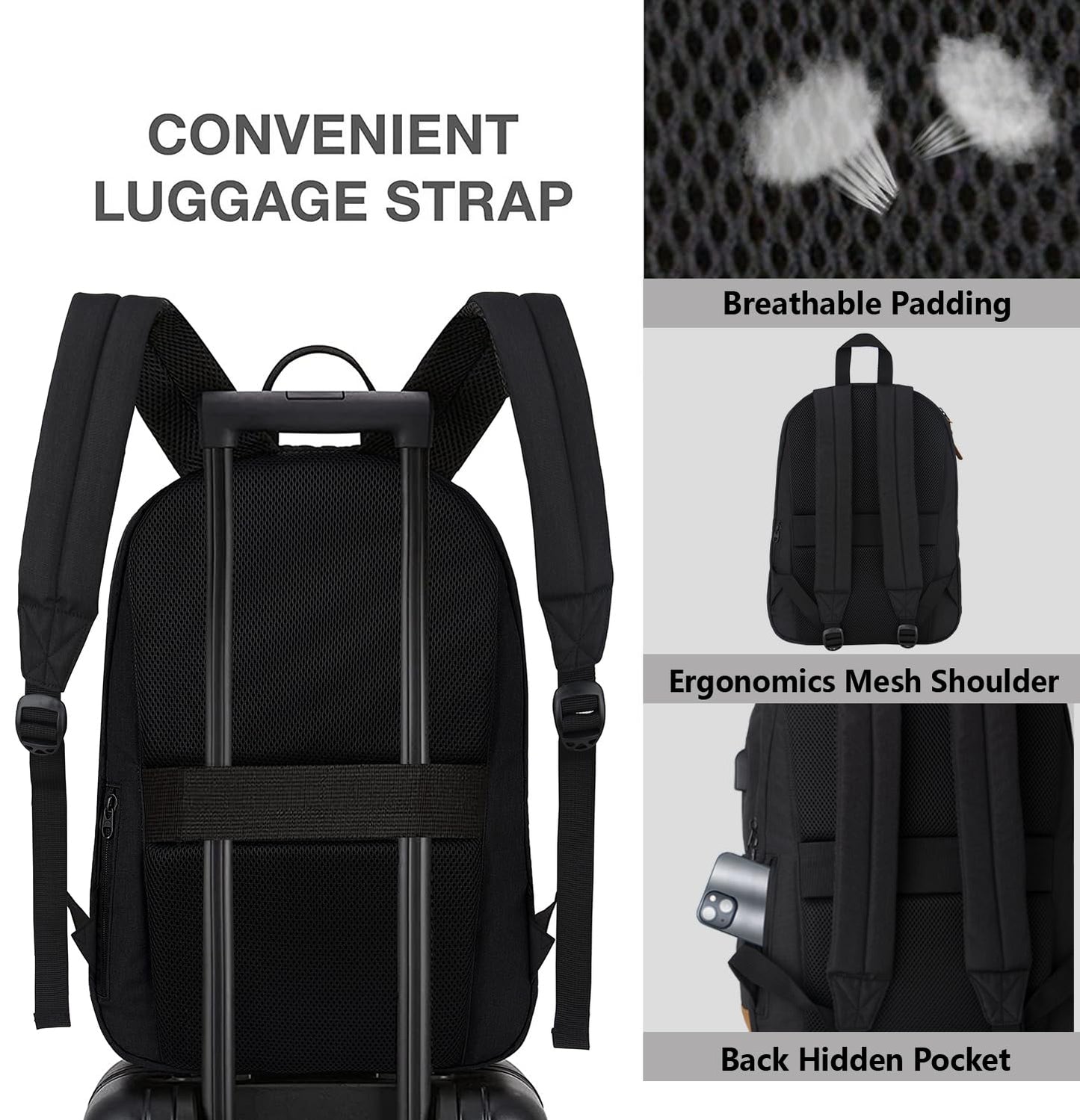 KEOFID Travel backpack for Men and Women, Anti Theft Laptop Backpack with USB Charging Port for Work, Large Bag for College, Carry-on Backpack with Luggage Strap, Water Resistent(Black)