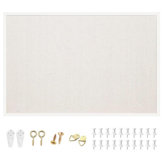 OWLKELA 24'' x 36'' Linen Bulletin Board, White Framed Corkboard, White Oak Frame Linen Cork Board, Vision Board and Decorative Hanging Pin Board