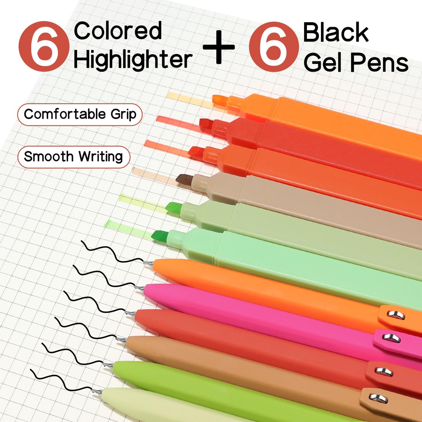 Piochoo Highlighters and Pens, 6PCS No Bleed Aesthetic Highlighters and 6PCS 0.5mm Black Ink Gel Pens for Journaling, School and Office Supplies