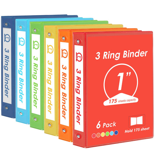 EOOUT 6 Pack 3 Ring Binders 1 inch, Three Round Ring 1'' Binders with 2 Pockets Interior, 6 Assorted Rainbow Colors, Fits 8.5'' x 11'' Letter Size Paper for School Office Supplies