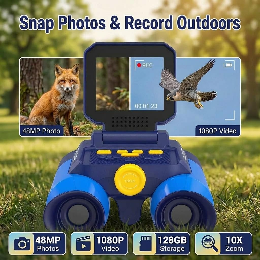 OAEBLLE Kids Binoculars with Night Vision Camera, 10X Zoom Digital Adventures Telescope with 2.4" IPS Screen, Nature Explorer STEM Toys for Bird Watching Camping, Gifts for Boys Girls Age 4-12 - Azure