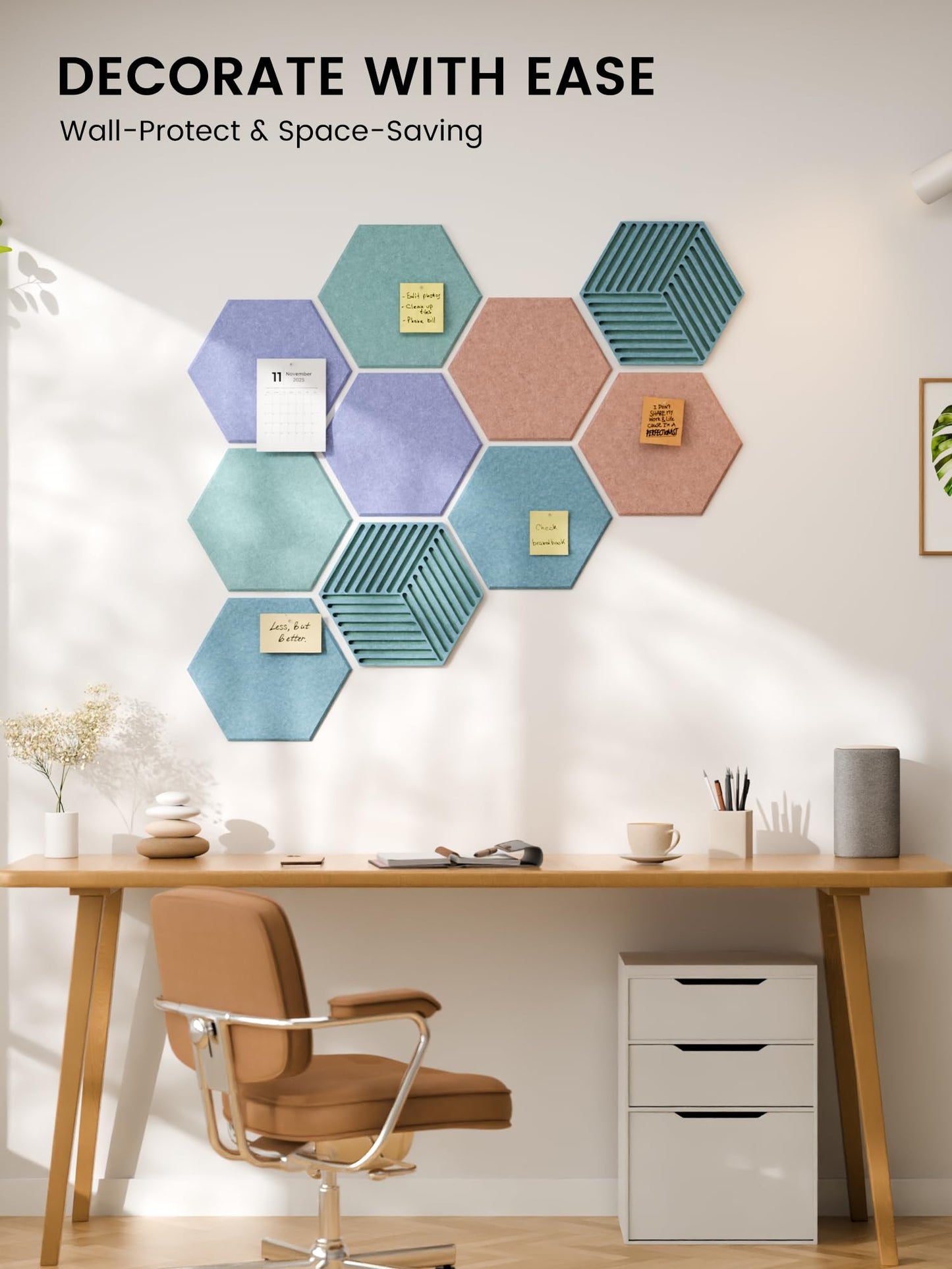 Fluxynara Hexagon Cork Board Alternative for Walls Decor-10-Pack Felt Bulletin Board Tiles,with 30 Pushpins,50 Adhesive Tabs for Office,Classrooms & Home Pin Board Felt Board-Coastal Haze
